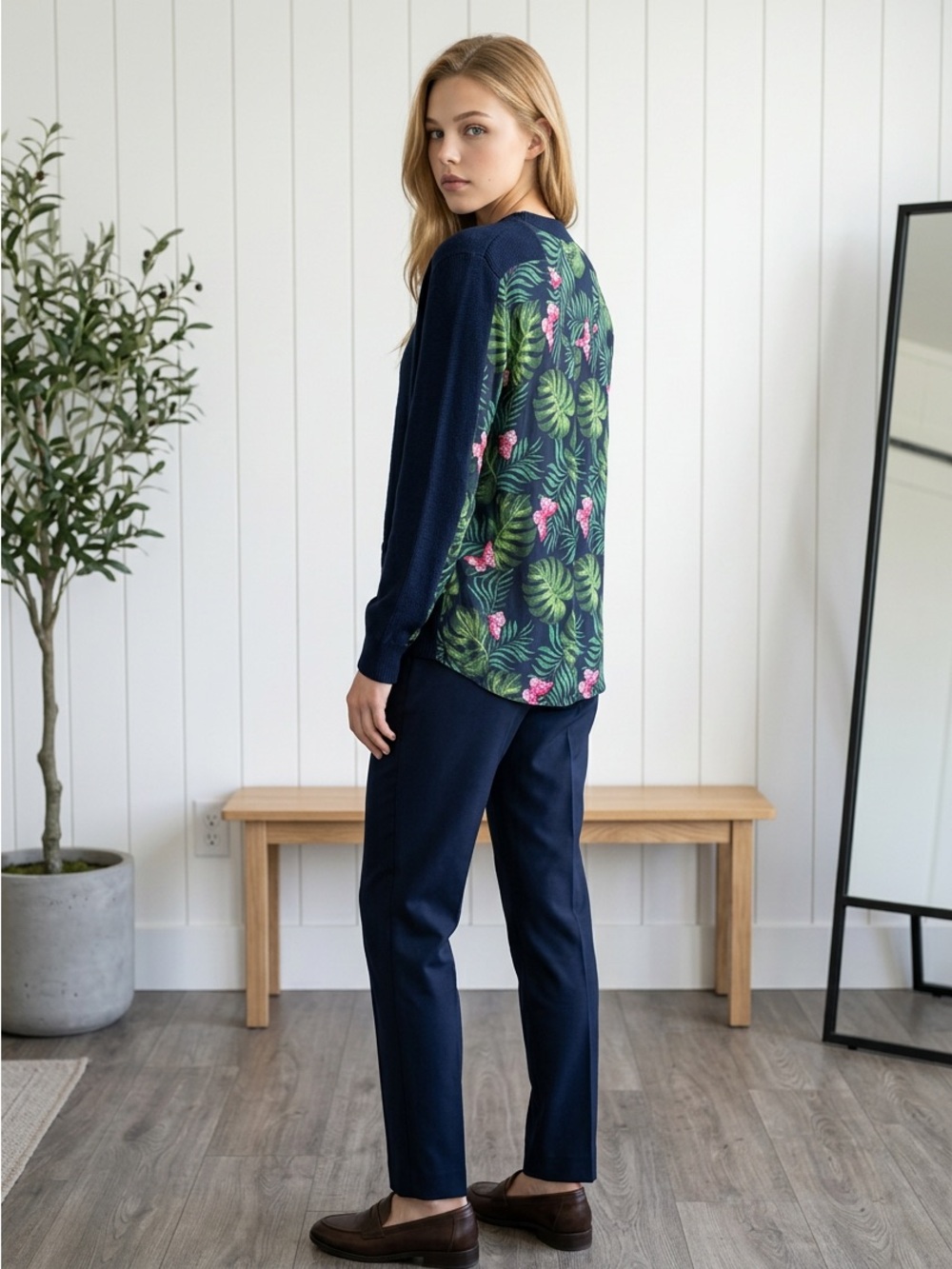NWT Sandrine Rose x Free People Crewneck Sweater with Tropical-Print Back Panel